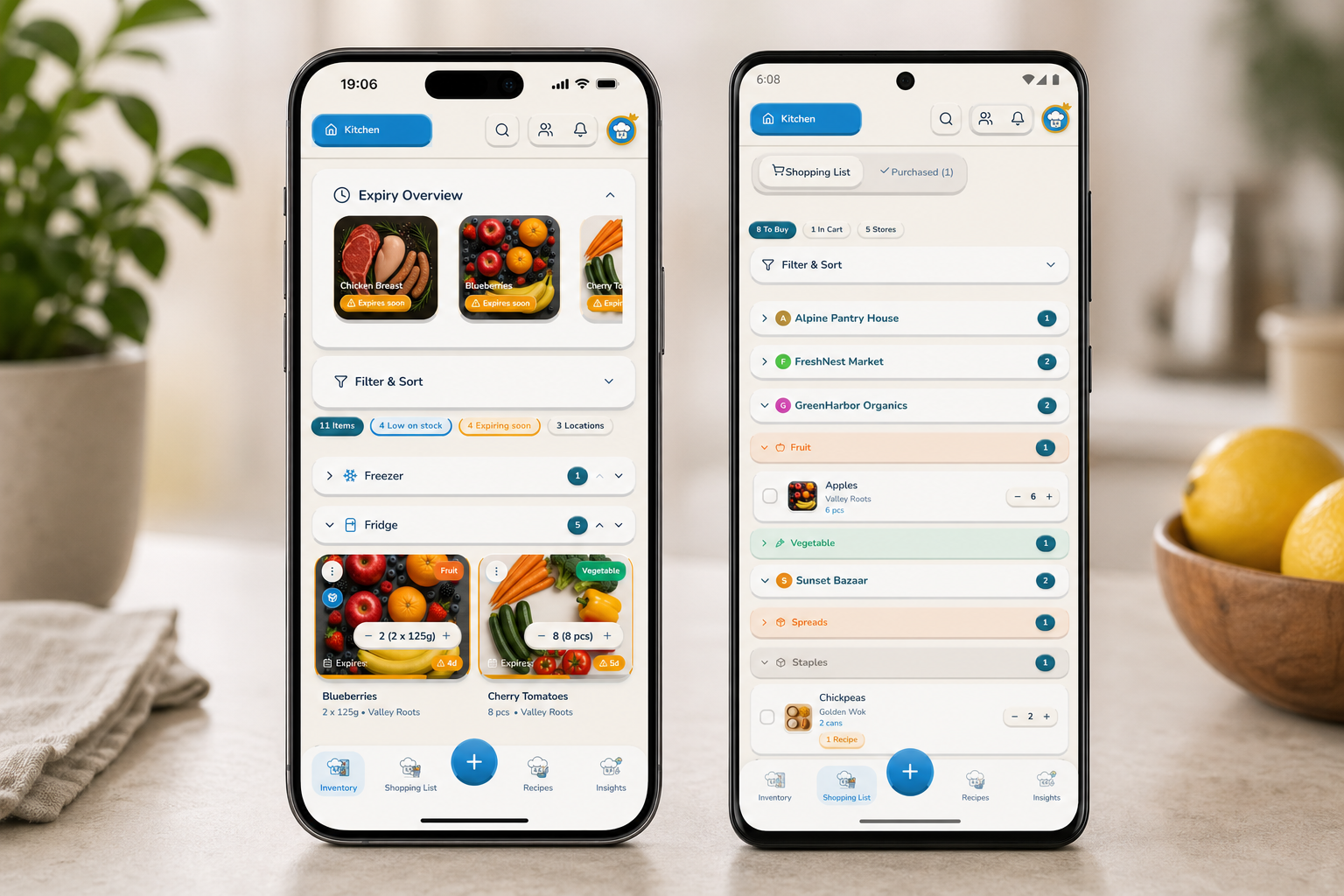 iPhone and Android Chefito device lineup on a soft kitchen background.