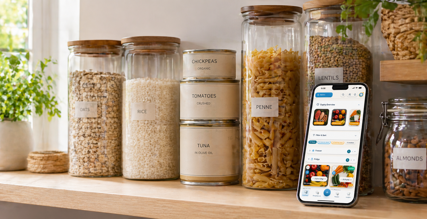Pantry organization scene with jars, cans, and a Chefito phone.