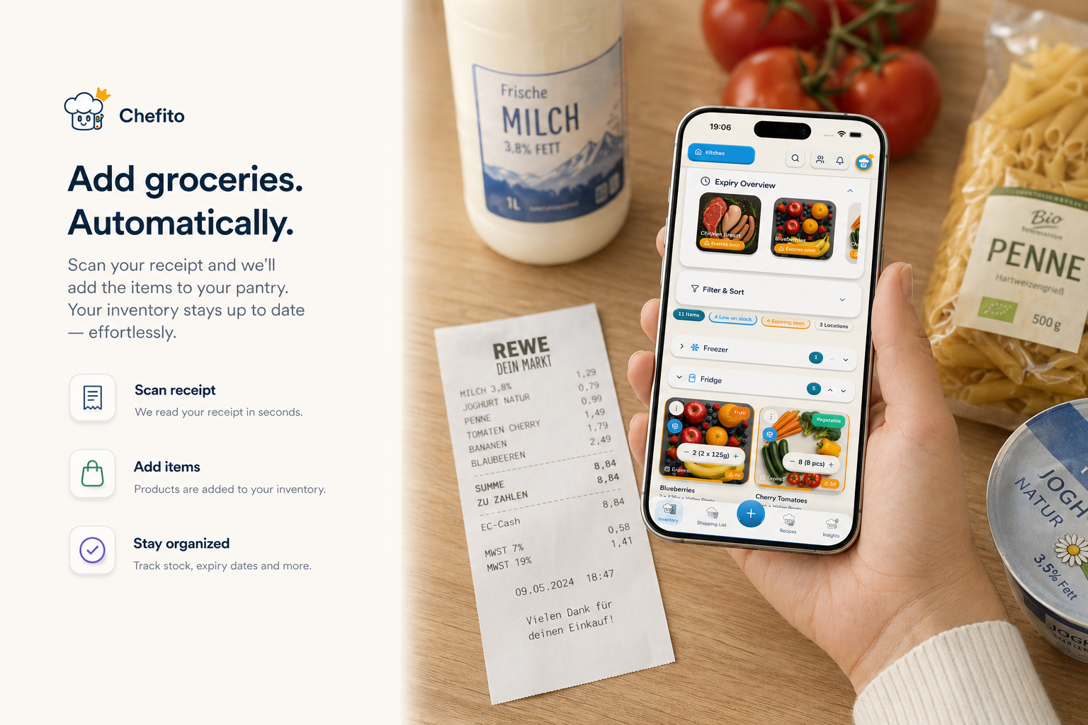 Receipt scan marketing visual with a phone, receipt, and pantry items.