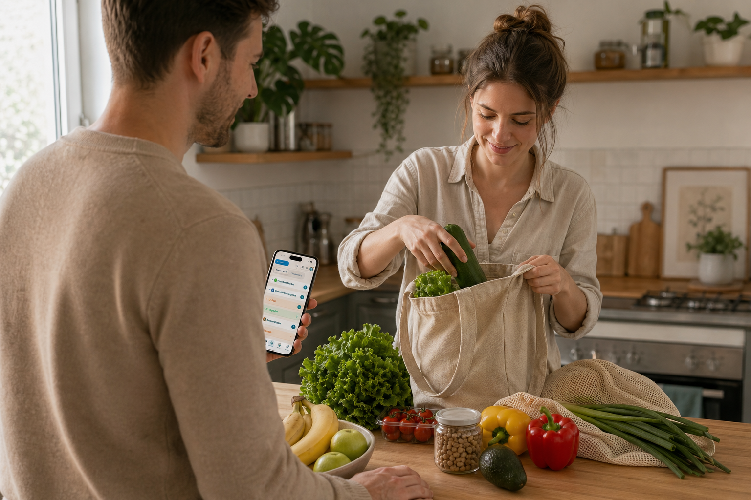Two people coordinating groceries with Chefito in a home kitchen.