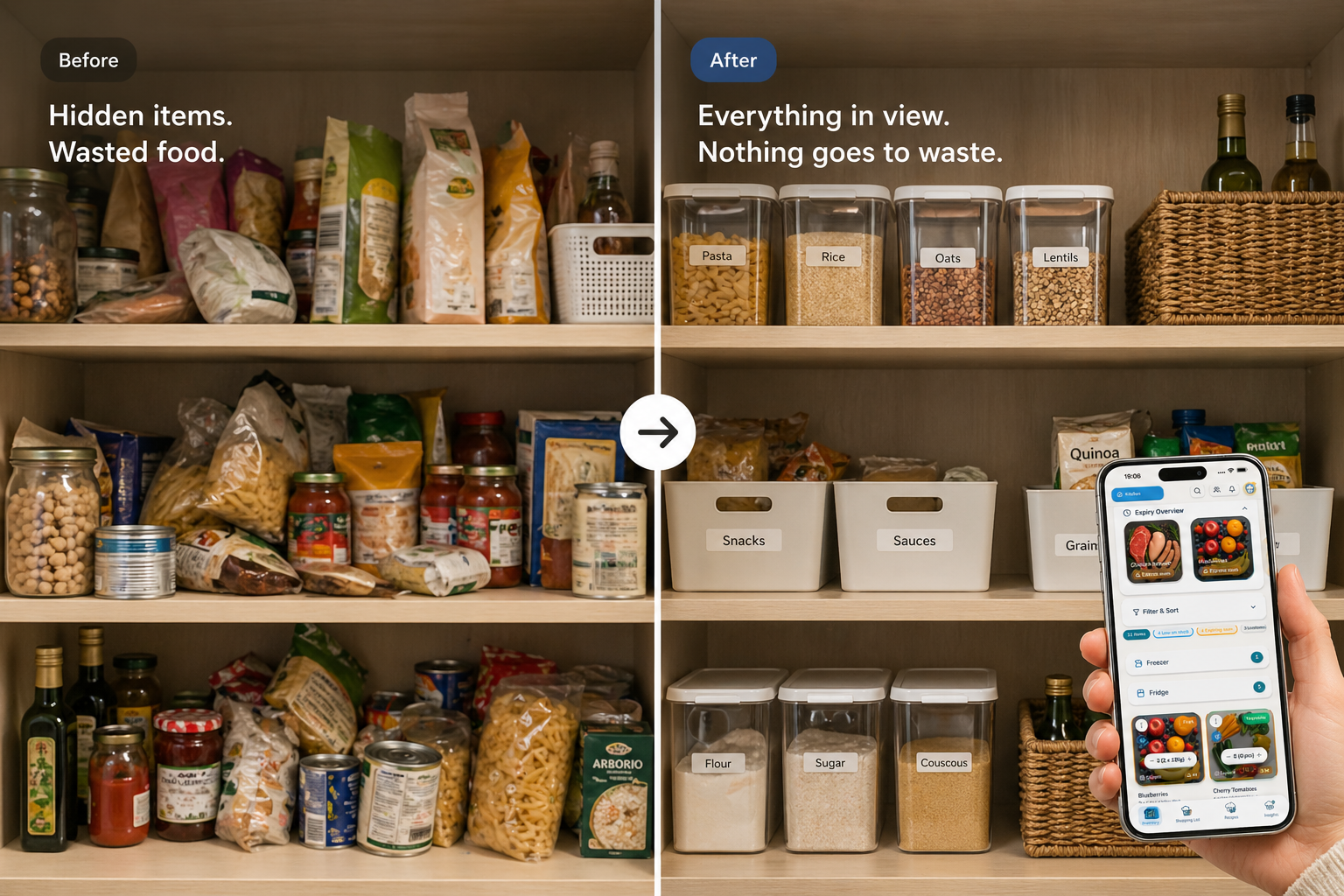 Before and after pantry comparison concept for Chefito.